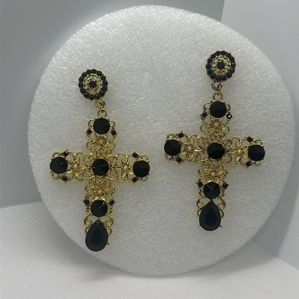 Statement Black & Gold Cross Earrings - Gothic, Victorian, Elegant 3.5" Drop - Picture 6 of 11